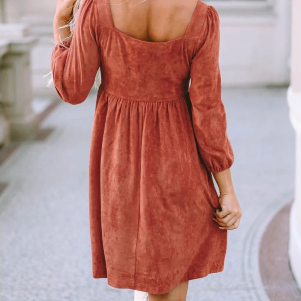 *Host Pick!๐ Brown Boho Suede Square Neck Mini Swing Dress with Square Neckline - Picture 2 of 15